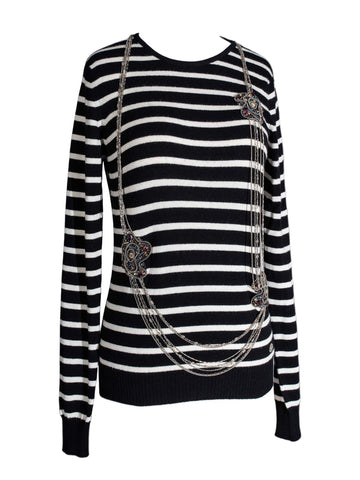 CHANEL Cashmere Long Chain Necklace Striped Sweater Black White-designer resale