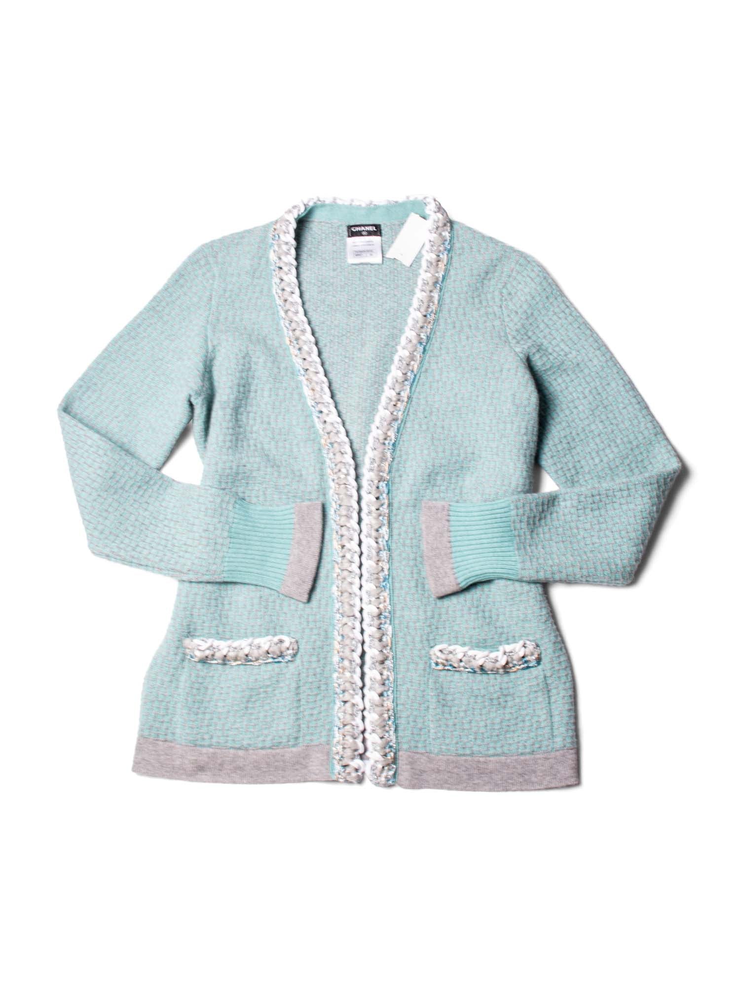 CHANEL Cashmere Lurex Tweed Chain Cardigan Aqua Grey-designer resale