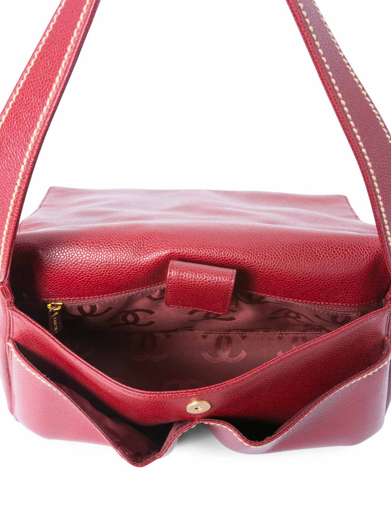 CHANEL Caviar Leather CC Logo Flap Hobo Bag Red