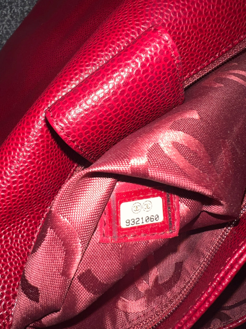 CHANEL Caviar Leather CC Logo Flap Hobo Bag Red-designer resale