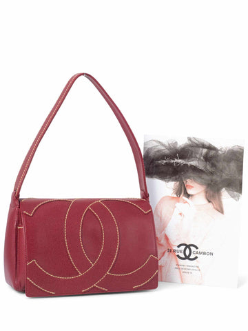 CHANEL Caviar Leather CC Logo Flap Hobo Bag Red-designer resale