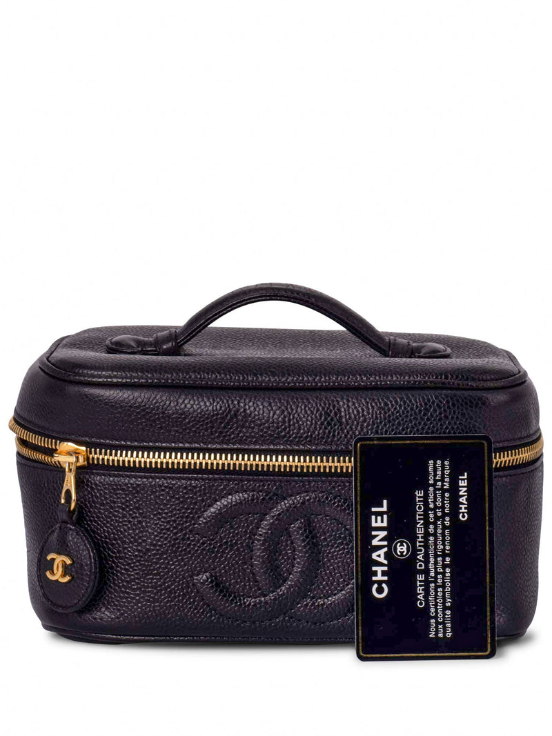 CHANEL Vintage Caviar Leather 24k CC Logo Vanity Top Handle Bag Black