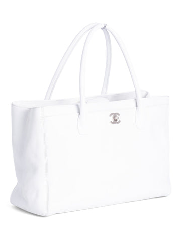 CHANEL Caviar Leather Cerf Executive Shopper Tote White Silver-designer resale