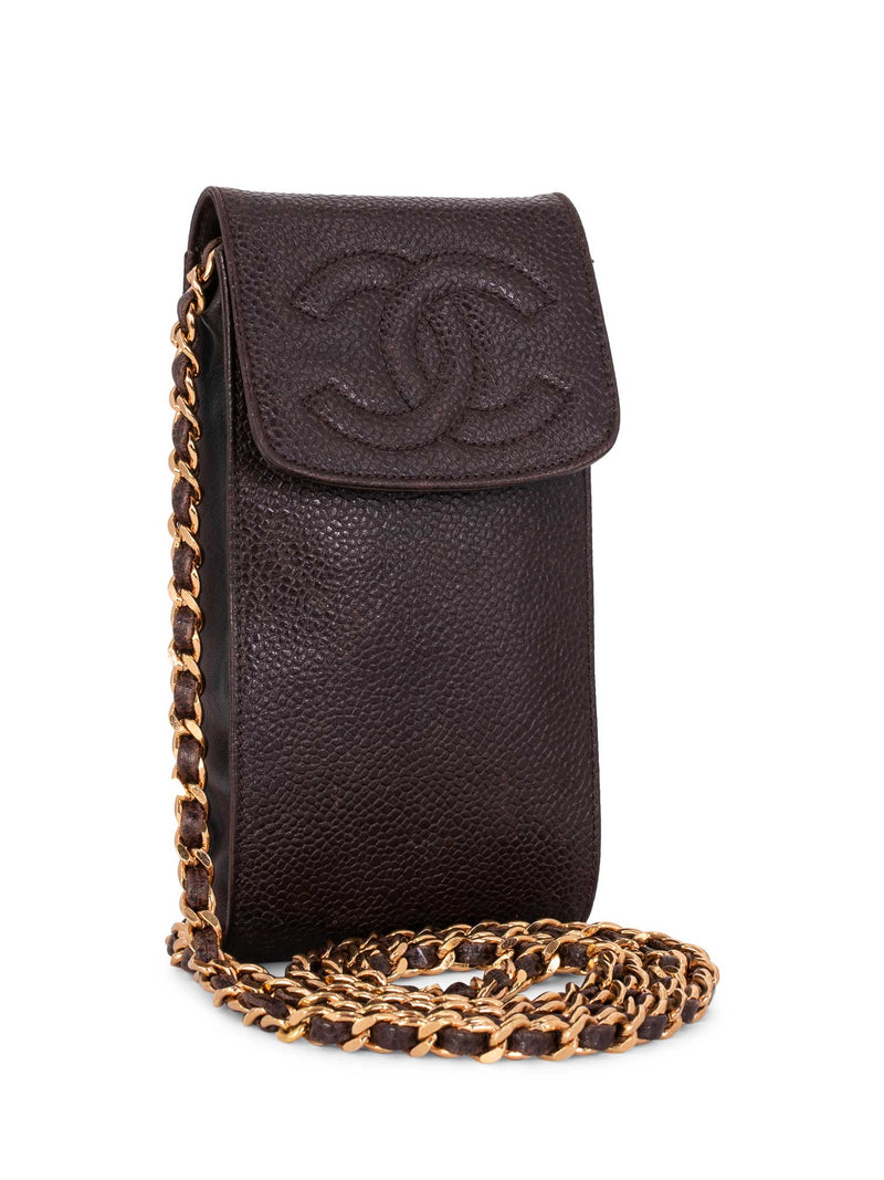 CHANEL Caviar Leather Phone Messenger Bag Brown