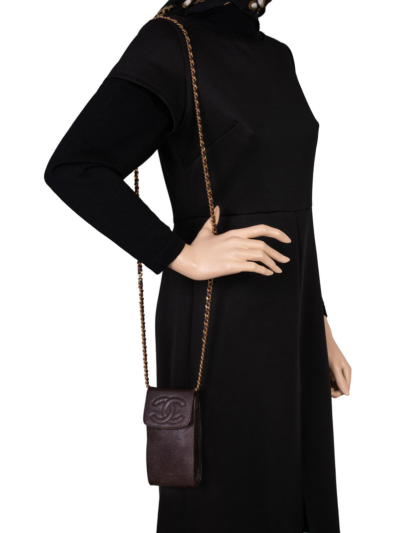 CHANEL Caviar Leather Phone Messenger Bag Brown-designer resale