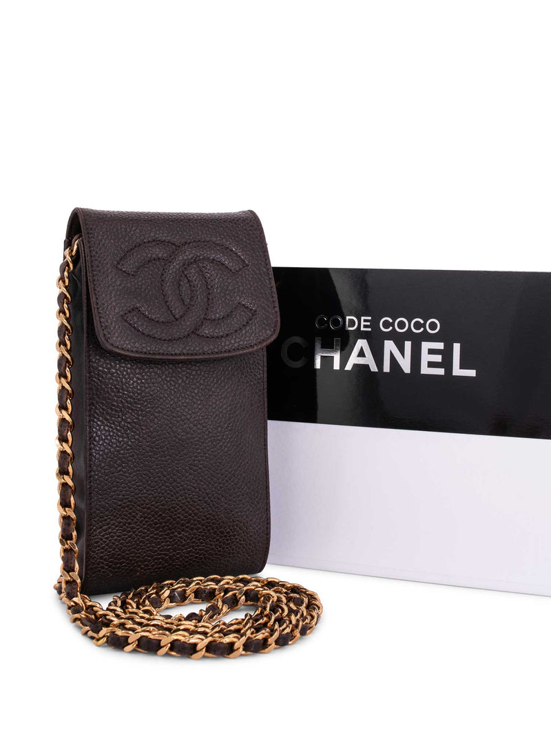 CHANEL Caviar Leather Phone Messenger Bag Brown-designer resale