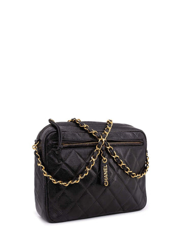 CHANEL Caviar Quilted Leather CC Logo Messenger Bag Black-designer resale