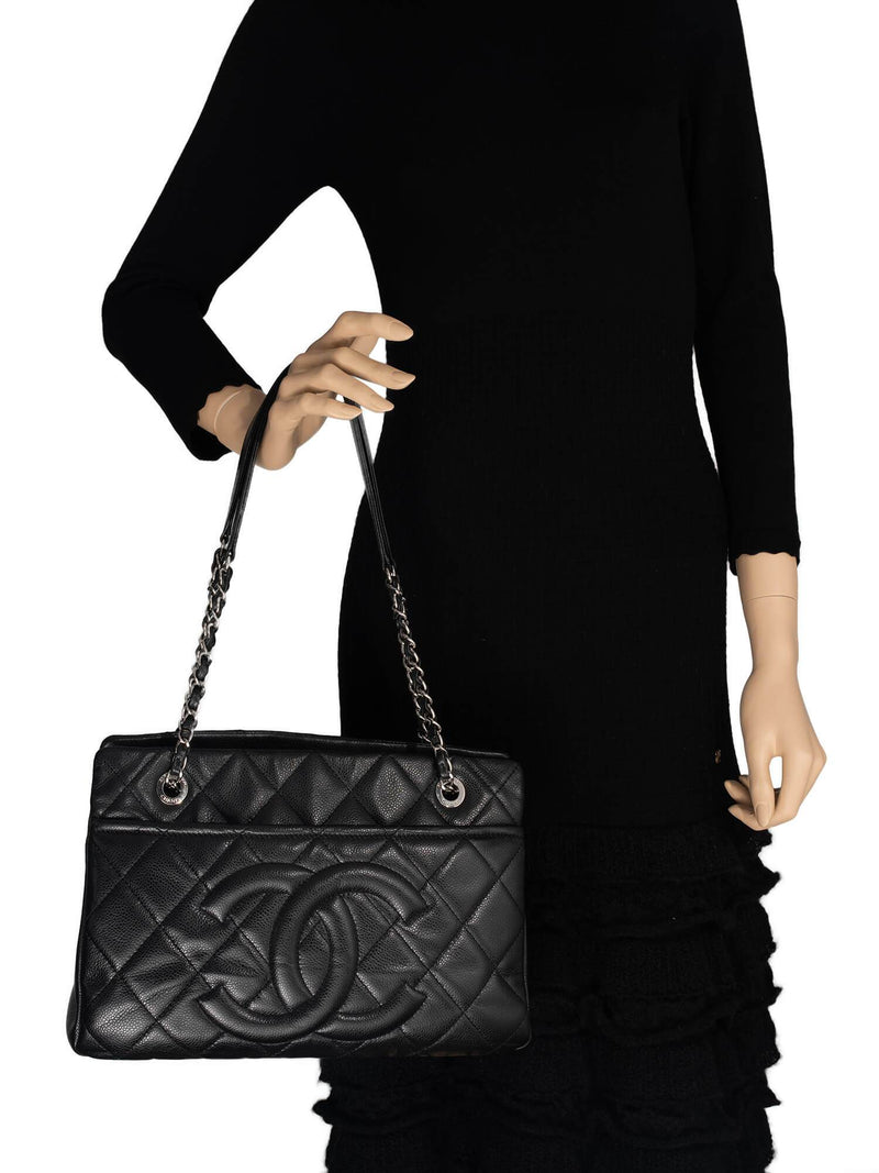 CHANEL Caviar Quilted Leather CC Logo Shopper Bag Black-designer resale