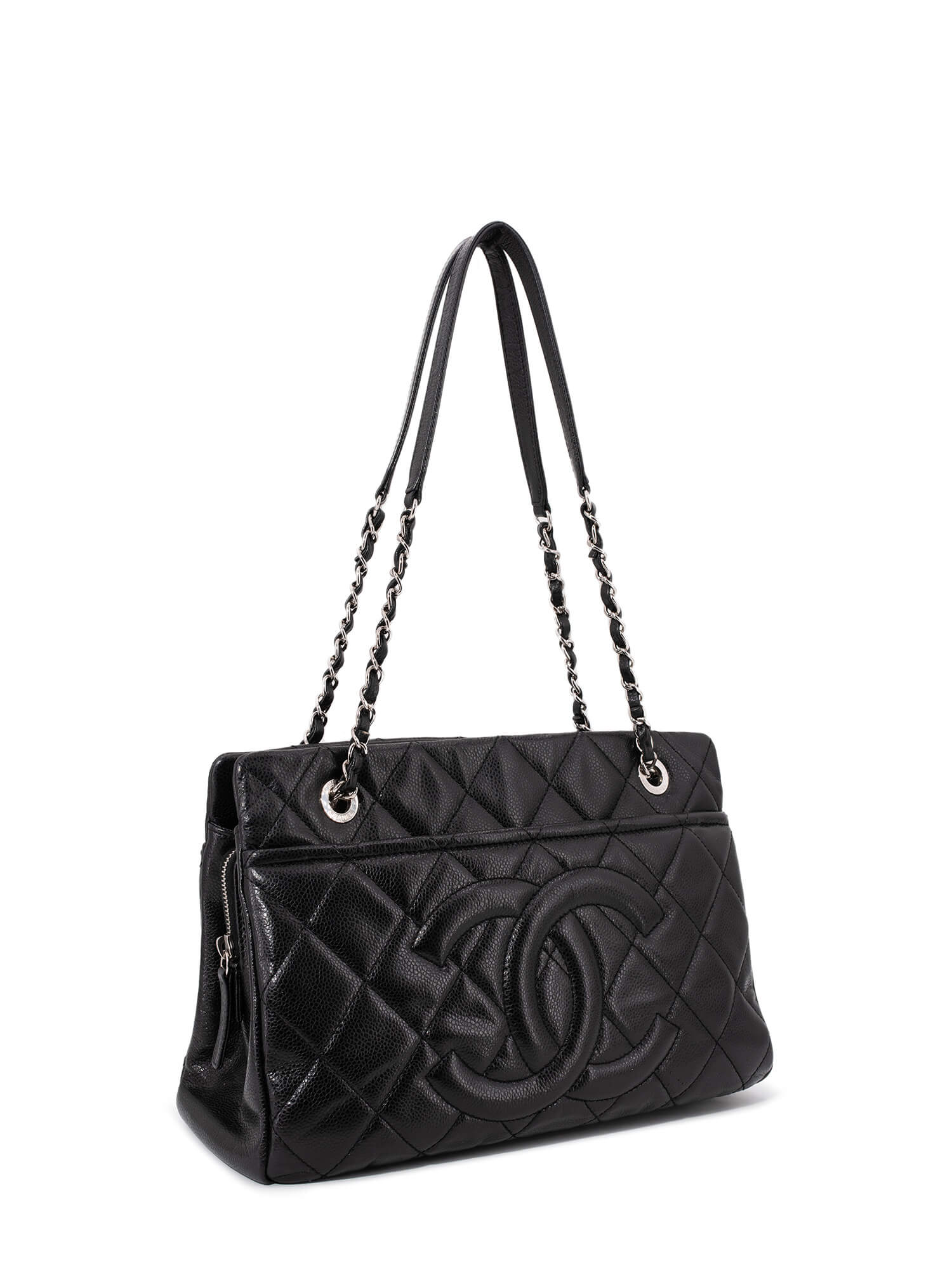 CHANEL Caviar Quilted Leather CC Logo Shopper Bag Black-designer resale