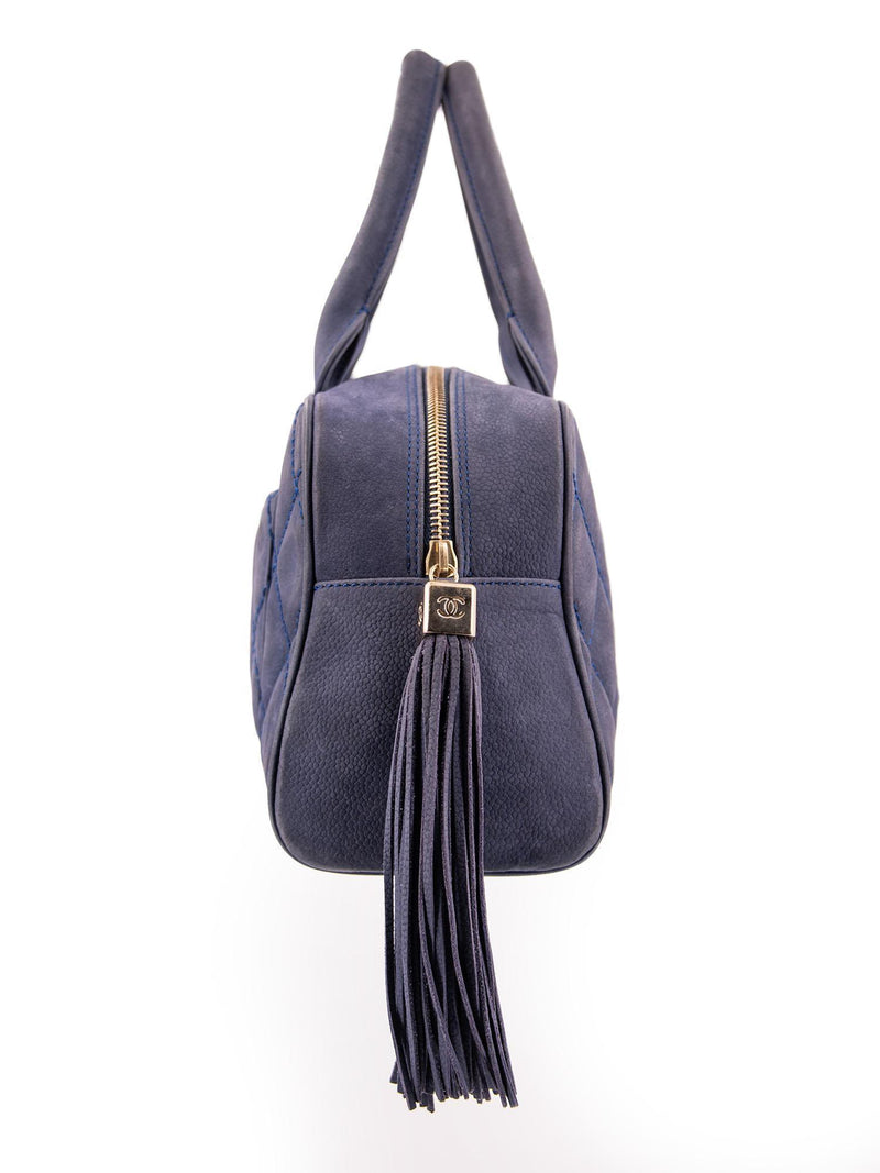 CHANEL Quilted Soft Caviar Leather Mini Tassel Bowling Bag Blue