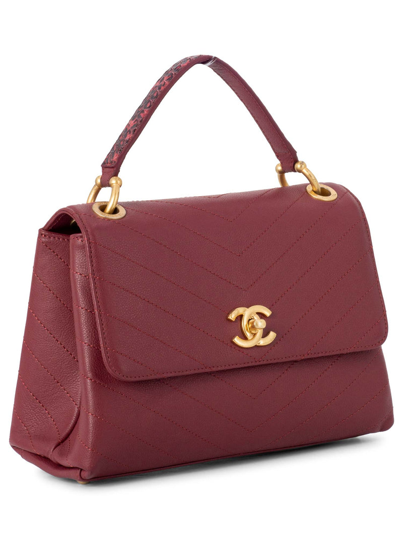 CHANEL Chevron Caviar Leather Top Handle Flap Bag Burgundy