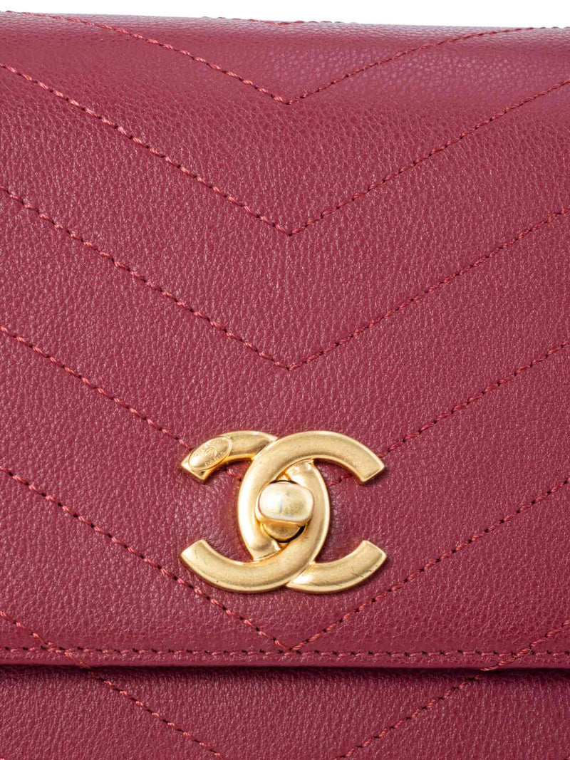 CHANEL Chevron Caviar Leather Top Handle Flap Bag Burgundy