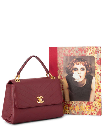 CHANEL Chevron Caviar Leather Top Handle Flap Bag Burgundy-designer resale