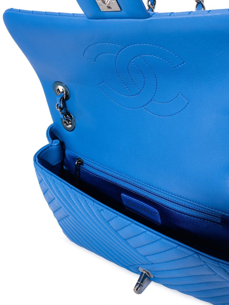 CHANEL Chevron Quilted Leather Flap Bag Royal Blue-designer resale