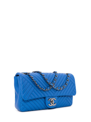CHANEL Chevron Quilted Leather Flap Bag Royal Blue-designer resale