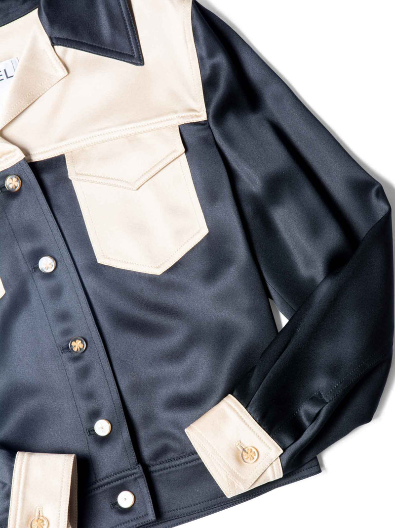 CHANEL Clover Satin Silk Cropped Jacket Black Gold