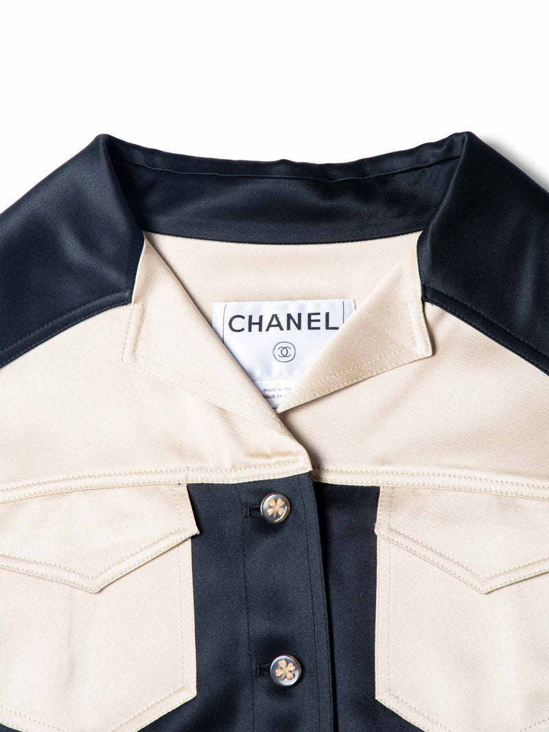 CHANEL Clover Satin Silk Cropped Jacket Black Gold-designer resale