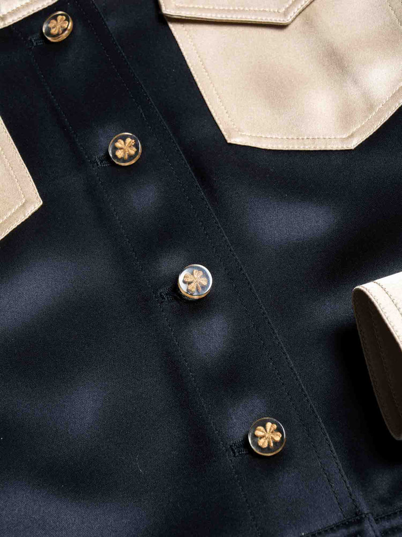 CHANEL Clover Satin Silk Cropped Jacket Black Gold