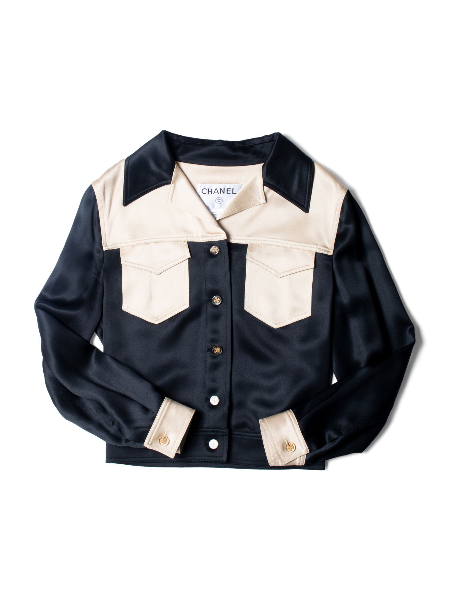 CHANEL Clover Satin Silk Cropped Jacket Black Gold-designer resale