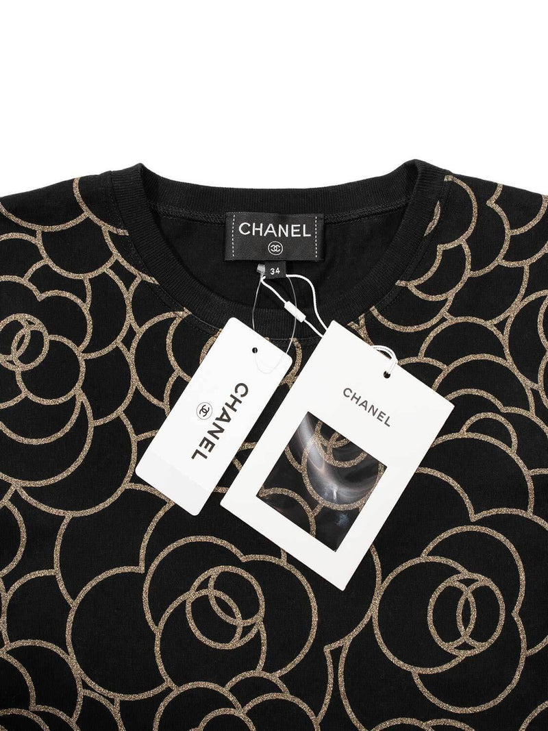 CHANEL Cotton CC Logo Camellia Tee Shirt Gold Black-designer resale
