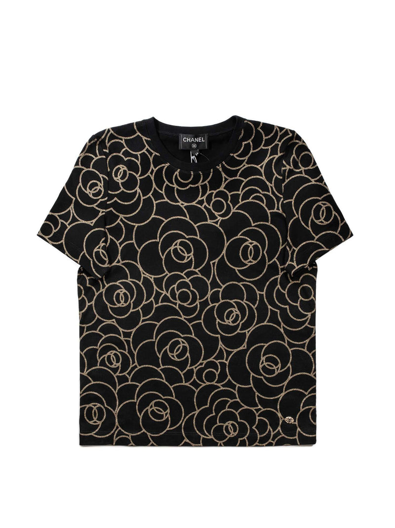 CHANEL Cotton CC Logo Camellia Tee Shirt Gold Black