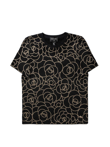 CHANEL Cotton CC Logo Camellia Tee Shirt Gold Black-designer resale
