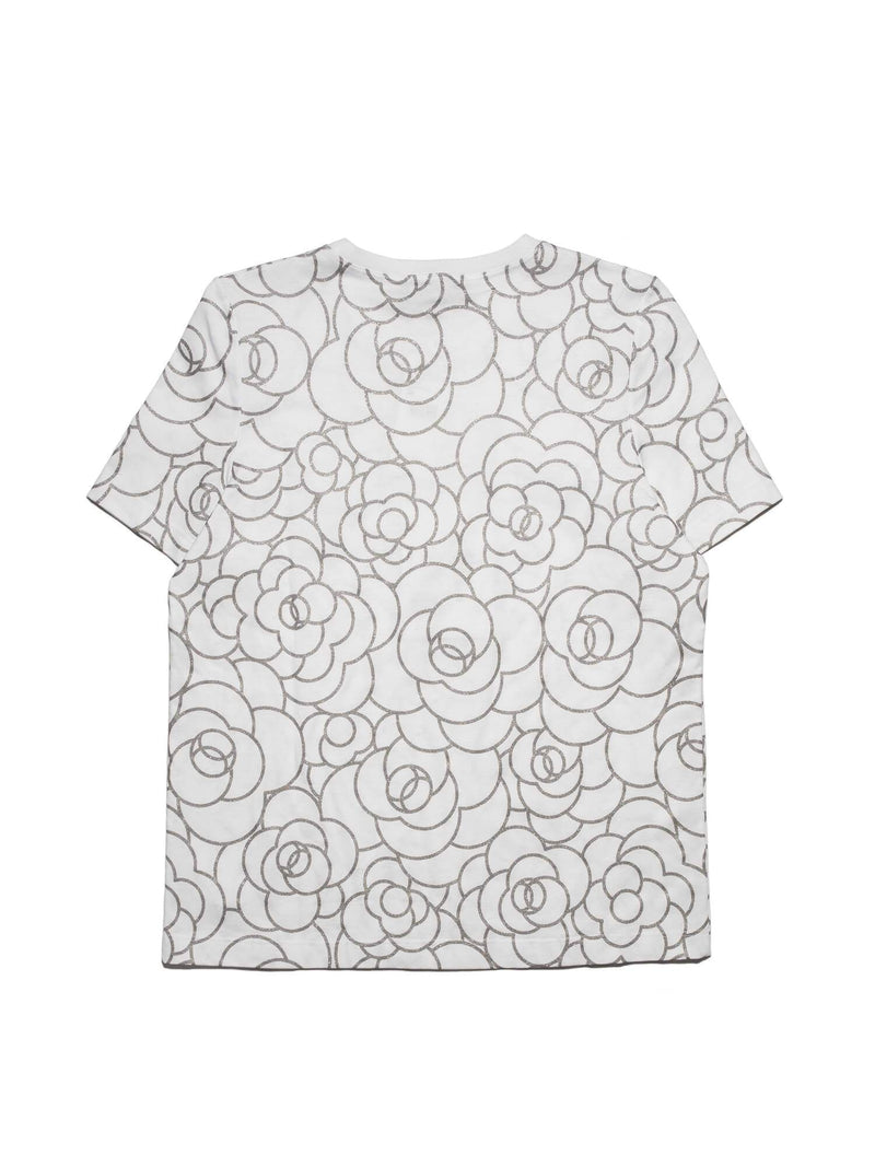 CHANEL Cotton CC Logo Camellia Tee Shirt Silver White