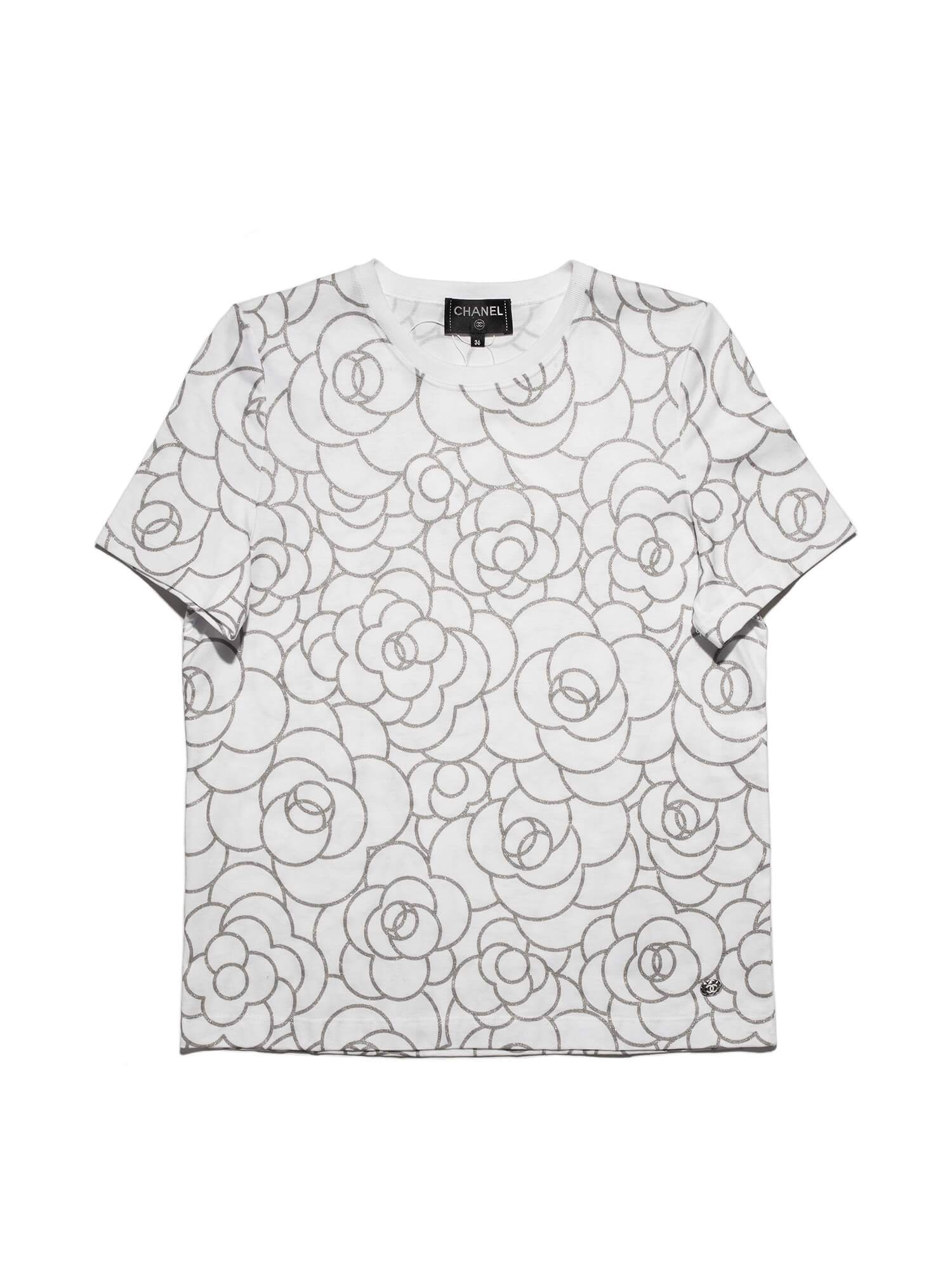 CHANEL Cotton CC Logo Camellia Tee Shirt Silver White-designer resale