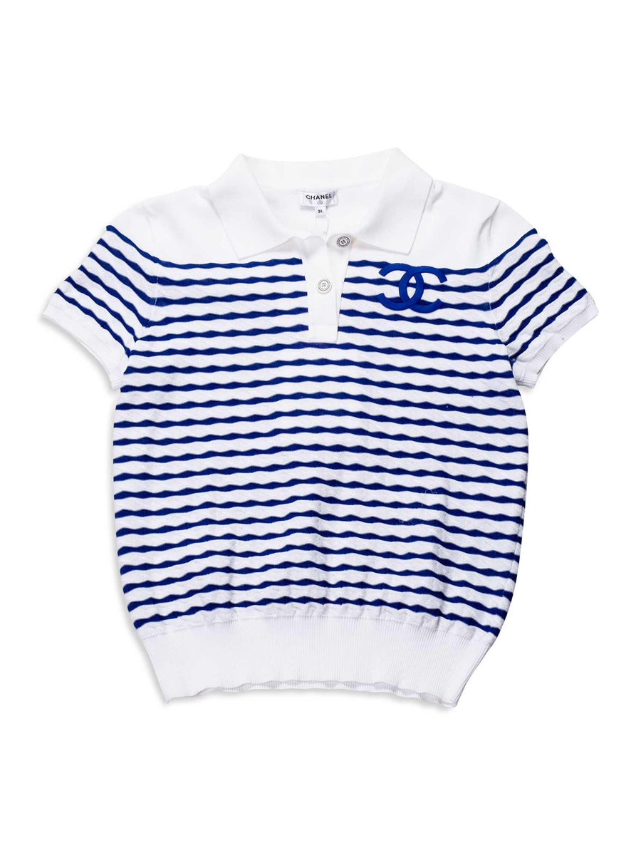 CHANEL Cotton CC Logo Polo T-Shirt Blue White
