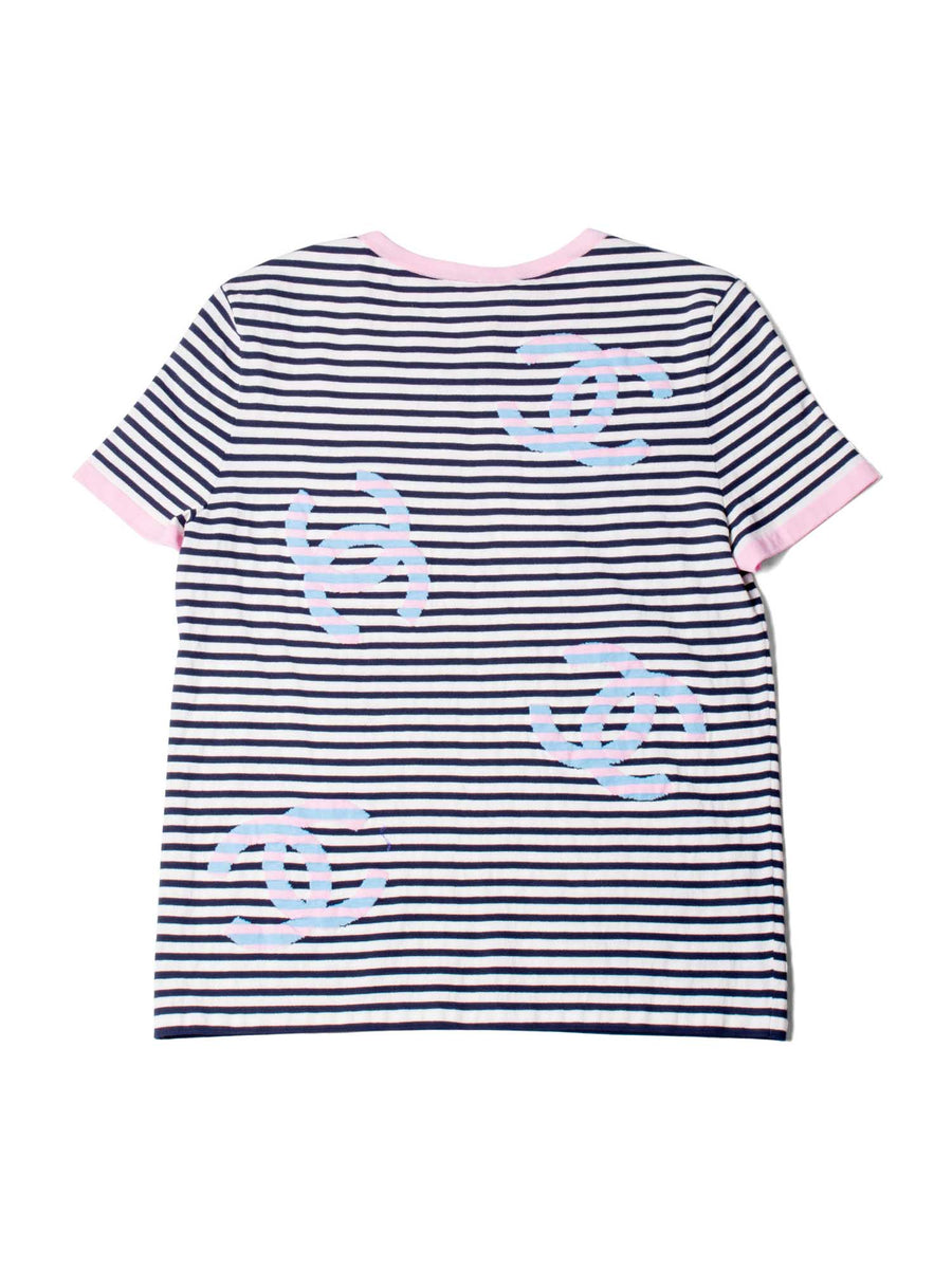 CHANEL Cotton CC Logo Stripe La Pausa Top Blue Pink
