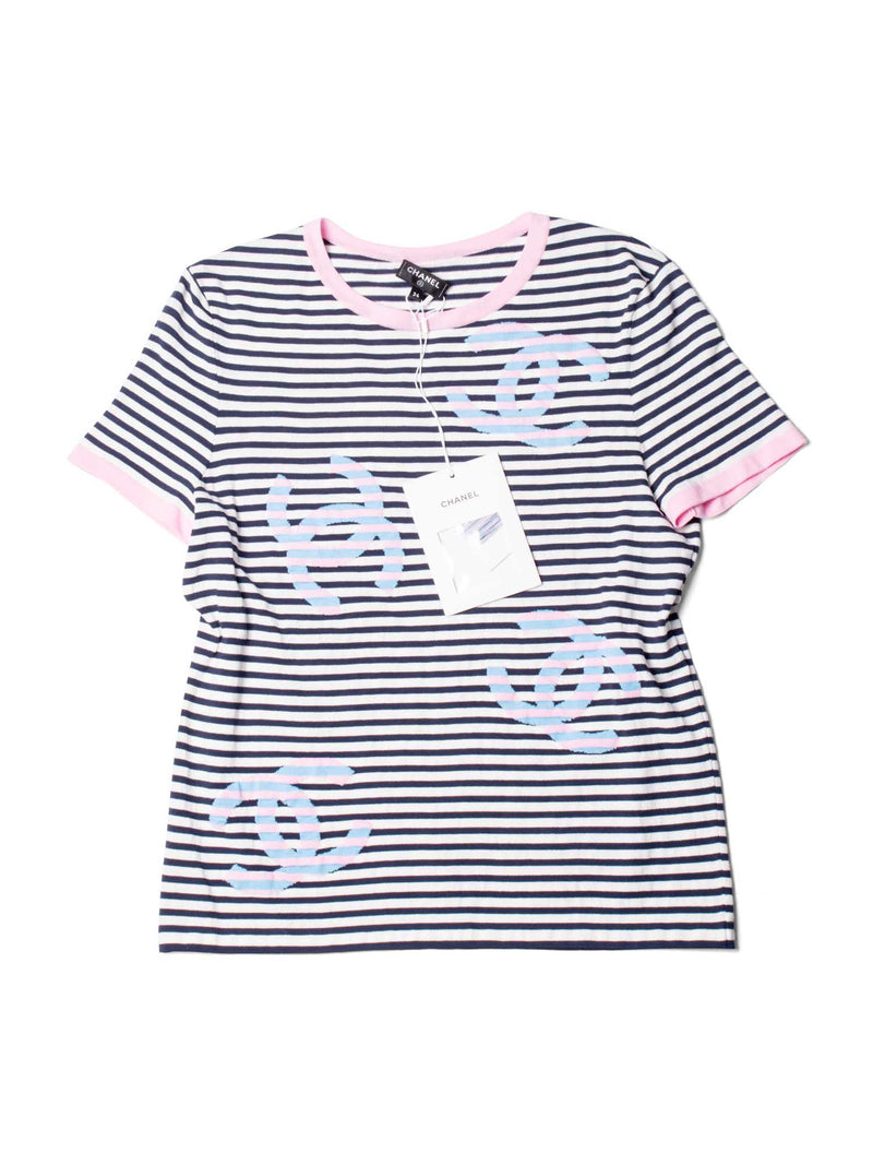 CHANEL Cotton CC Logo Stripe La Pausa Top Blue Pink-designer resale