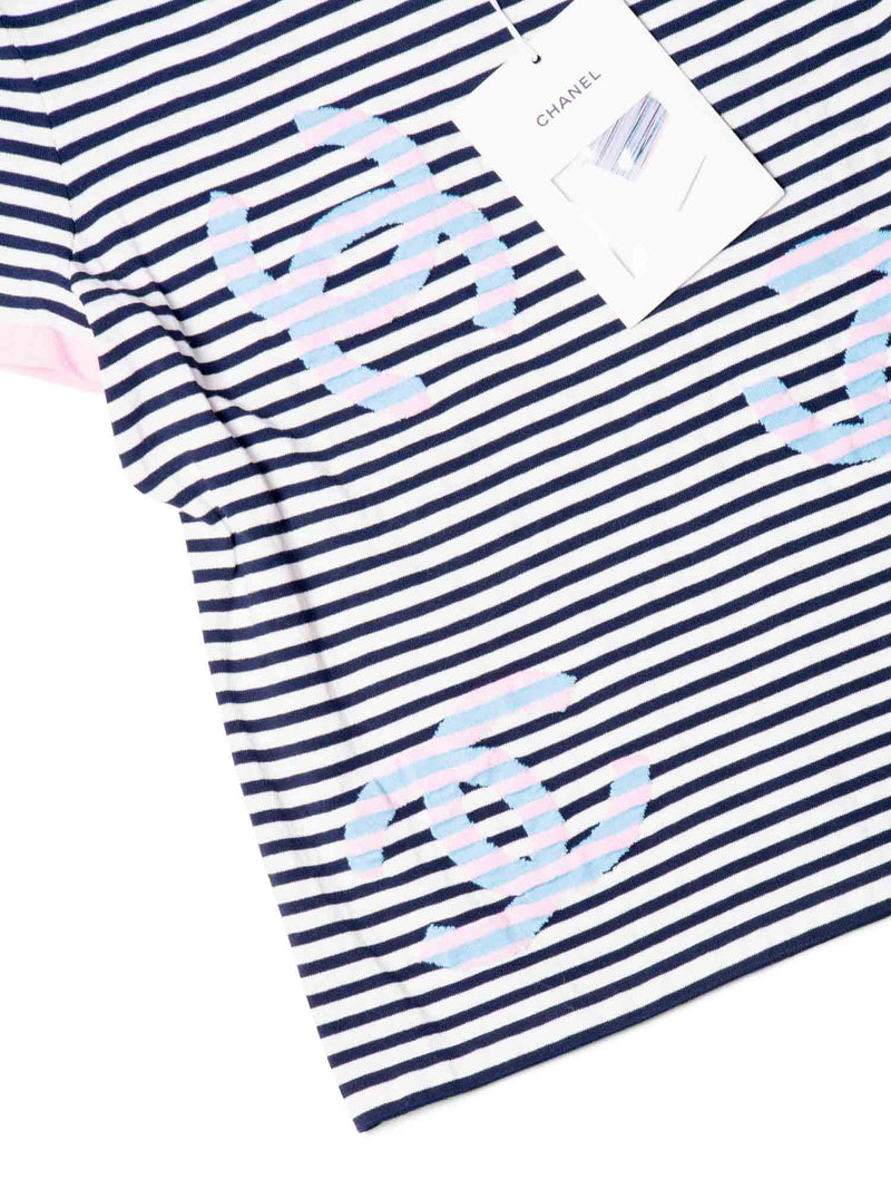 CHANEL Cotton CC Logo Stripe La Pausa Top Blue Pink