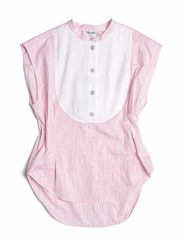 CHANEL Cotton CC Logo Swarovski Buttons Sleeveless Top Red White-designer resale