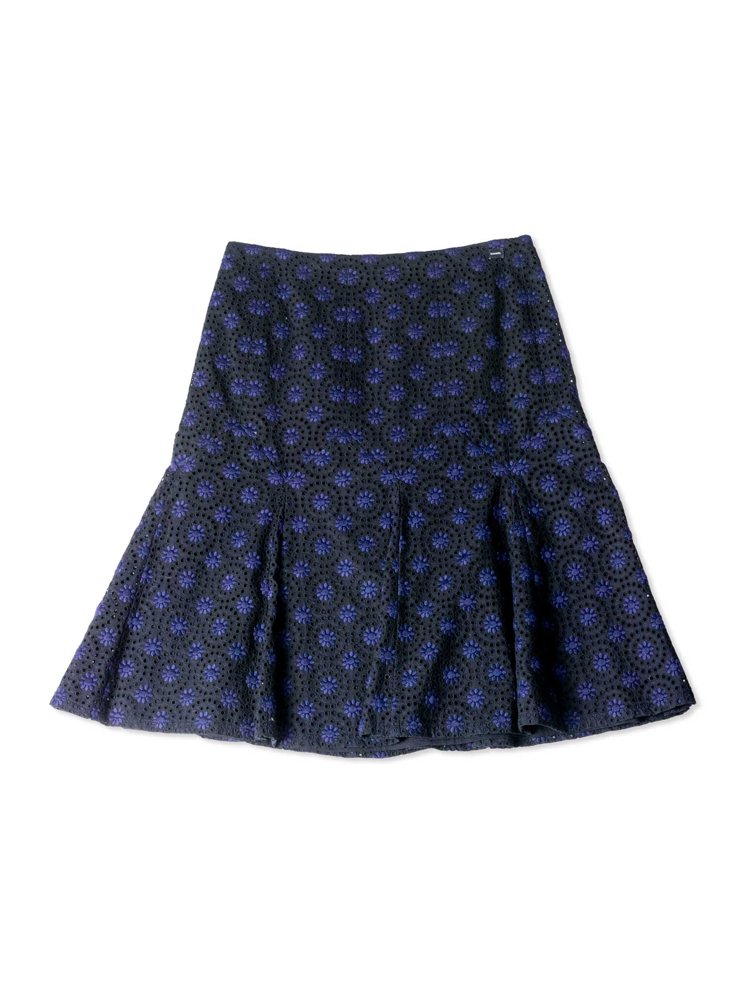 CHANEL Cotton Eyelet A-Line Skirt Black Blue