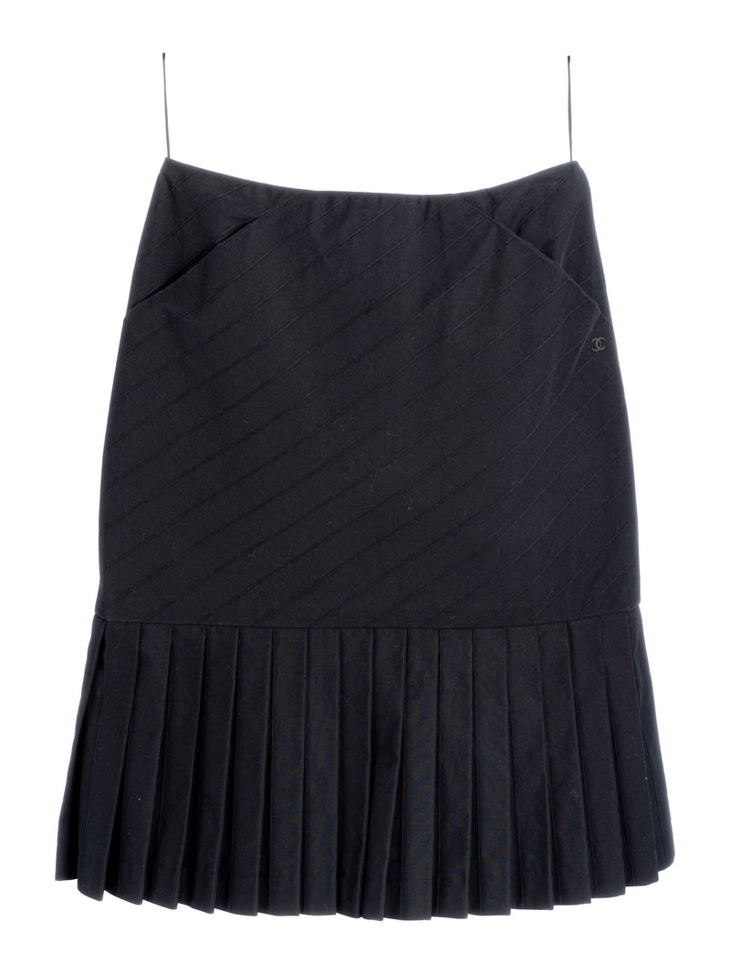 CHANEL Cotton Pleated Midi Skirt Navy Blue-designer resale