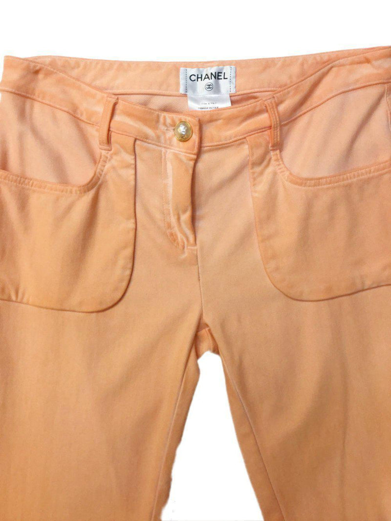 CHANEL Cotton Skinny Pearl Button Jeans Peach-designer resale