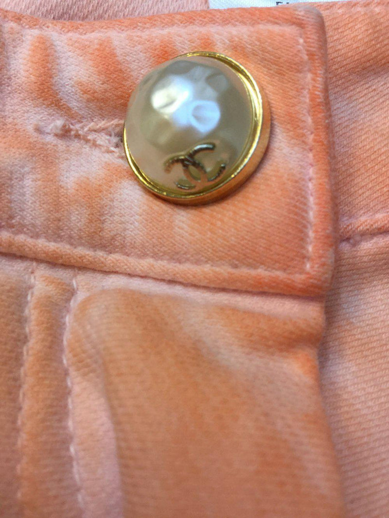 CHANEL Cotton Skinny Pearl Button Jeans Peach-designer resale