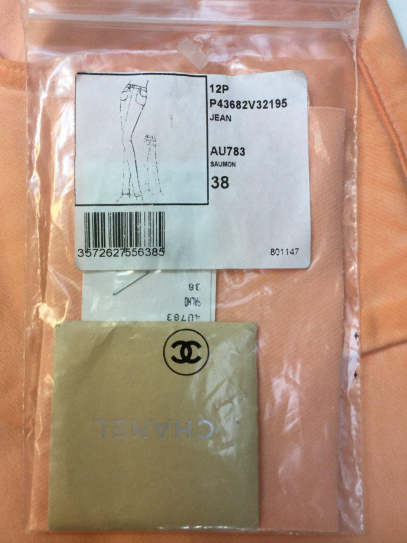 CHANEL Cotton Skinny Pearl Button Jeans Peach-designer resale