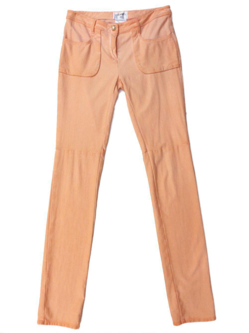 CHANEL Cotton Skinny Pearl Button Jeans Peach-designer resale