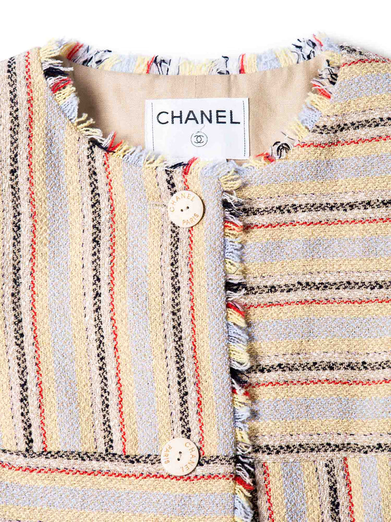 CHANEL Cotton Tweed Fringe Striped Jacket Multicolor-designer resale