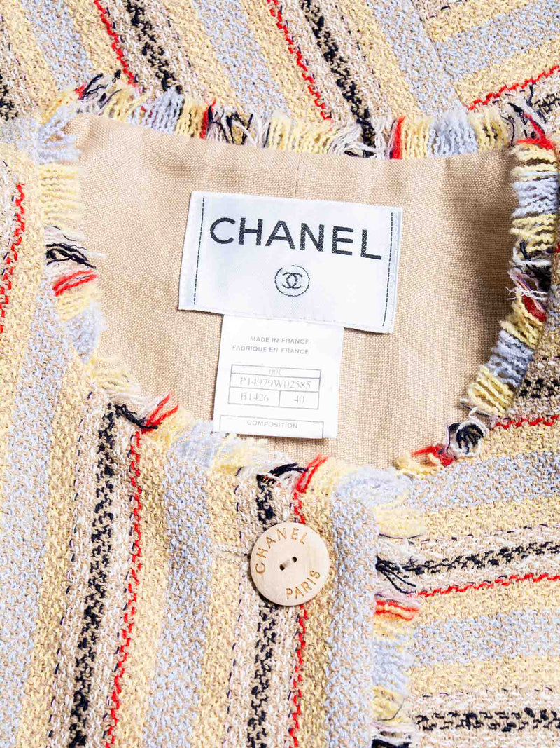 CHANEL Cotton Tweed Fringe Striped Jacket Multicolor-designer resale