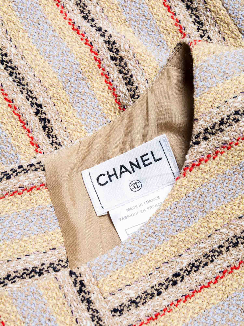 CHANEL Cruise CC Logo Wooden Buttons Tweed Fringy Top Beige-designer resale