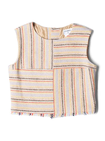 CHANEL Cruise CC Logo Wooden Buttons Tweed Fringy Top Beige-designer resale