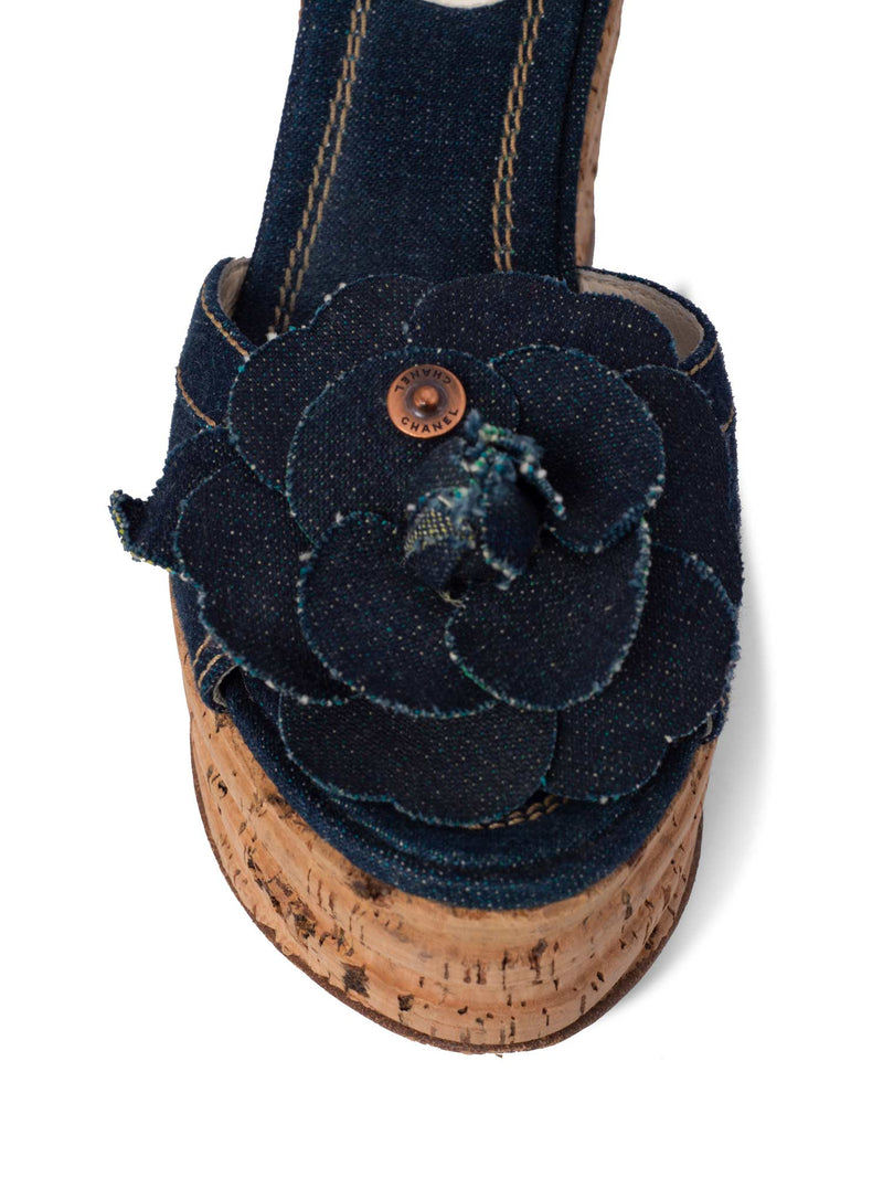 CHANEL Denim Camellia Platform Cork Sandal Blue-designer resale