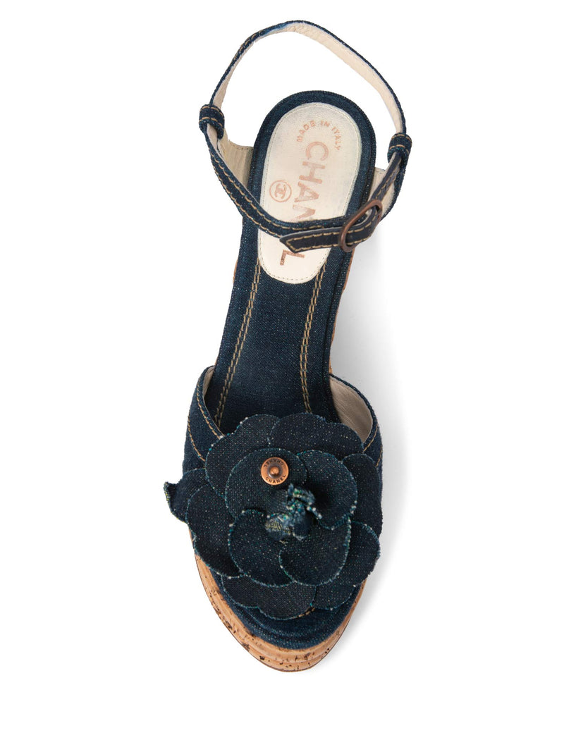 CHANEL Denim Camellia Platform Cork Sandal Blue-designer resale
