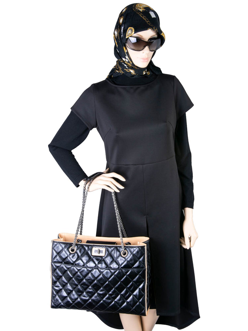 CHANEL Glazed Quilted Leather Reissue Shopper Bag Black Beige