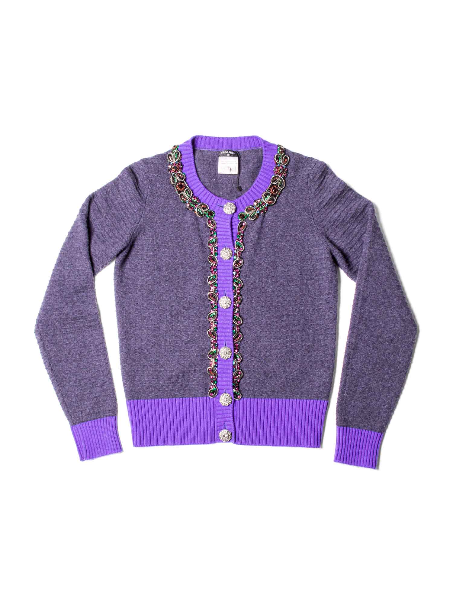 CHANEL Gripoix Rhinestones Cashmere Cardigan Purple