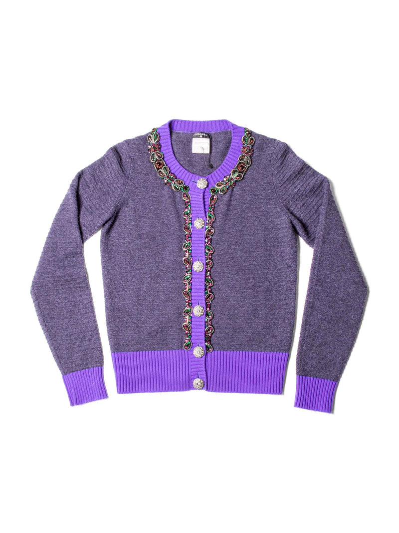 CHANEL Gripoix Rhinestones Cashmere Cardigan Purple-designer resale