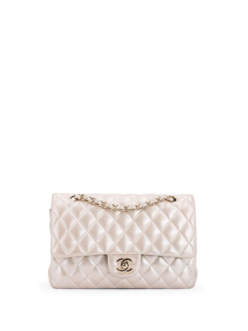 CHANEL Iridescent Satin Lambskin Quilted Medium Double Flap Bag Gold