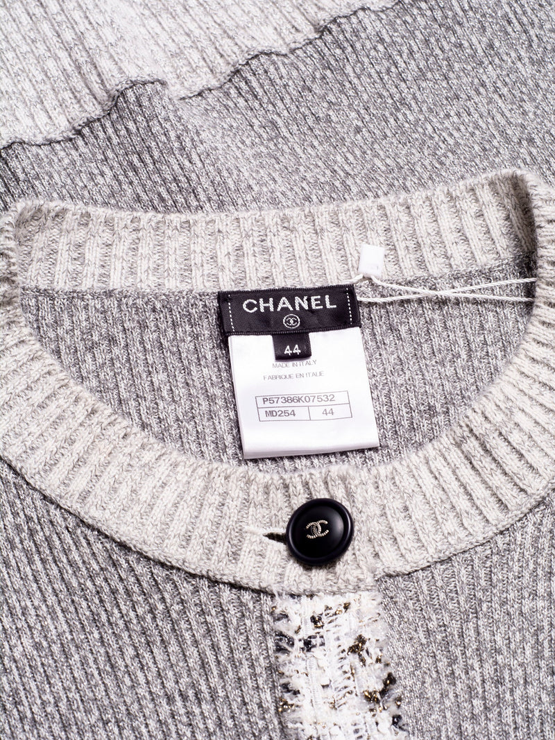 CHANEL Knit CC Logo Fringe Sparkly Cardigan Grey